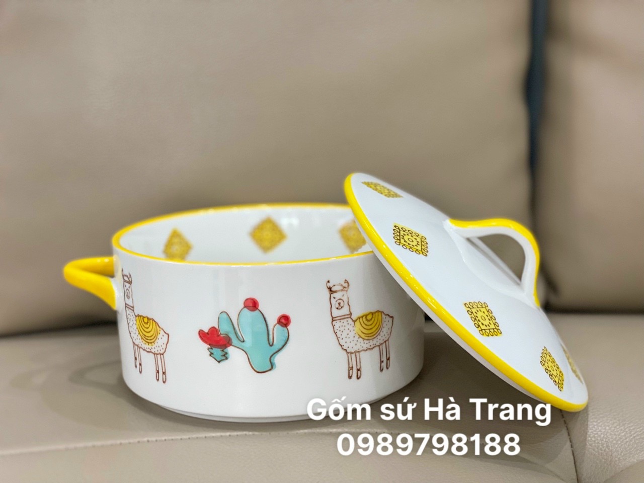 Thố chưng yến dung tích 1 lít gốm sứ cao cấp hoạ tiết lạc đà siêu xinh