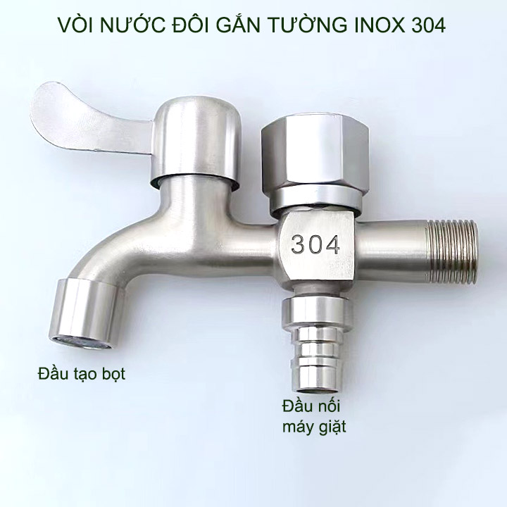 Vòi nước đôi bằng inox 304 gắn tường G03B với 01 đầu vào 2 đầu ra