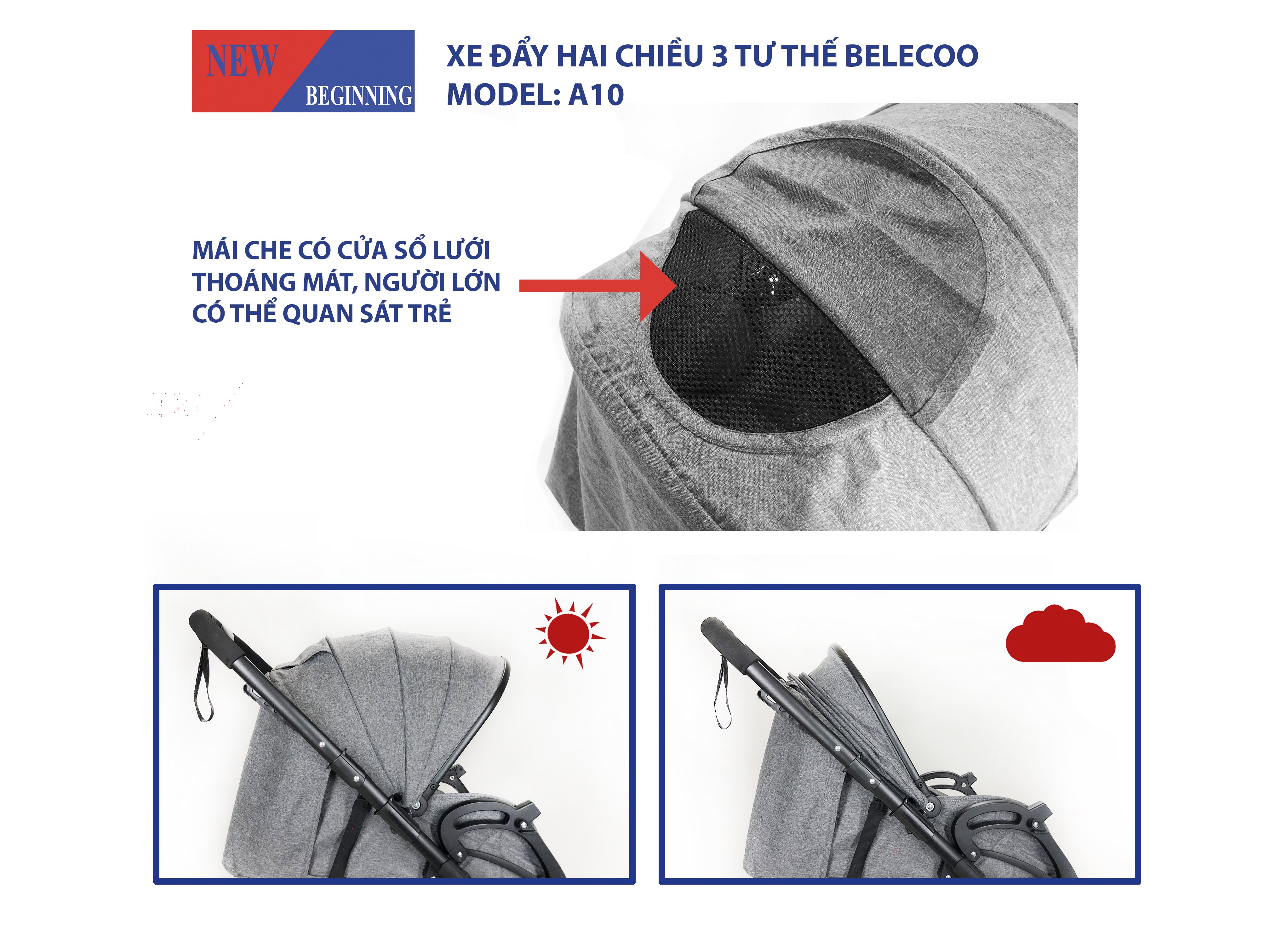 Xe đẩy 2 chiều 3 tư thế nằm, xe đẩy gấp gọn, thoáng khí - A10 - Belecoo