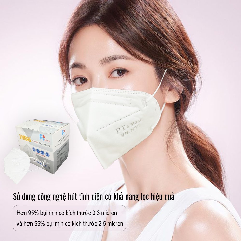 Hộp 10 Cái Khẩu Trang VNN95 PT Mask, Có Van Thở, kháng Khuẩn, Chống Bụi Siêu Mịn PM2.5, Màu Trắng - Đạt Các Chứng Chỉ ISO 13485, ISO 9001, CE, FDA.