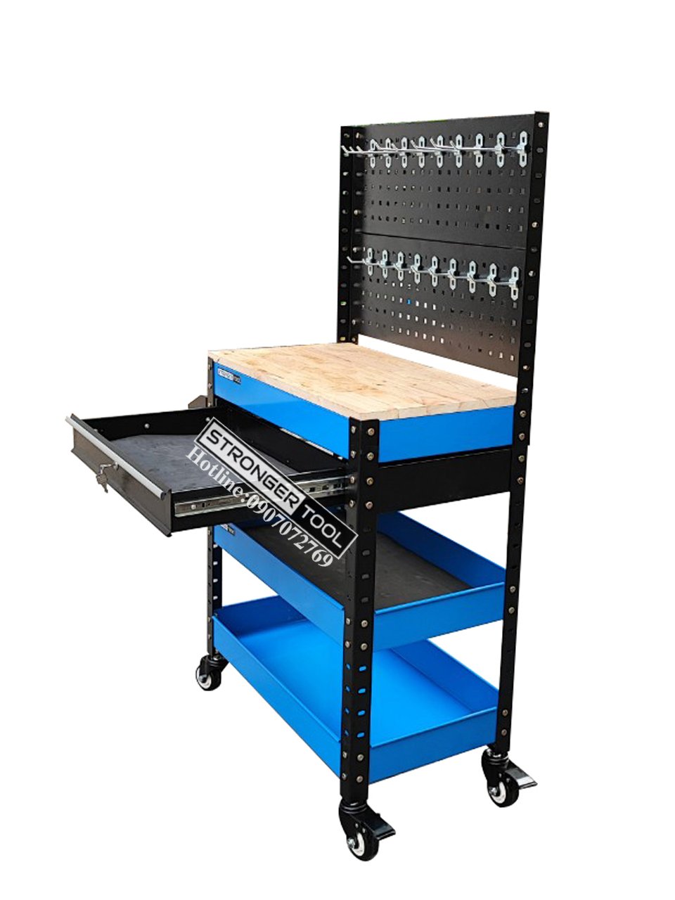 XE ĐẨY DỤNG CỤ 1 NGĂN KÉO CÓ MẶT BÀN GỖ VÀ TẤM TREO