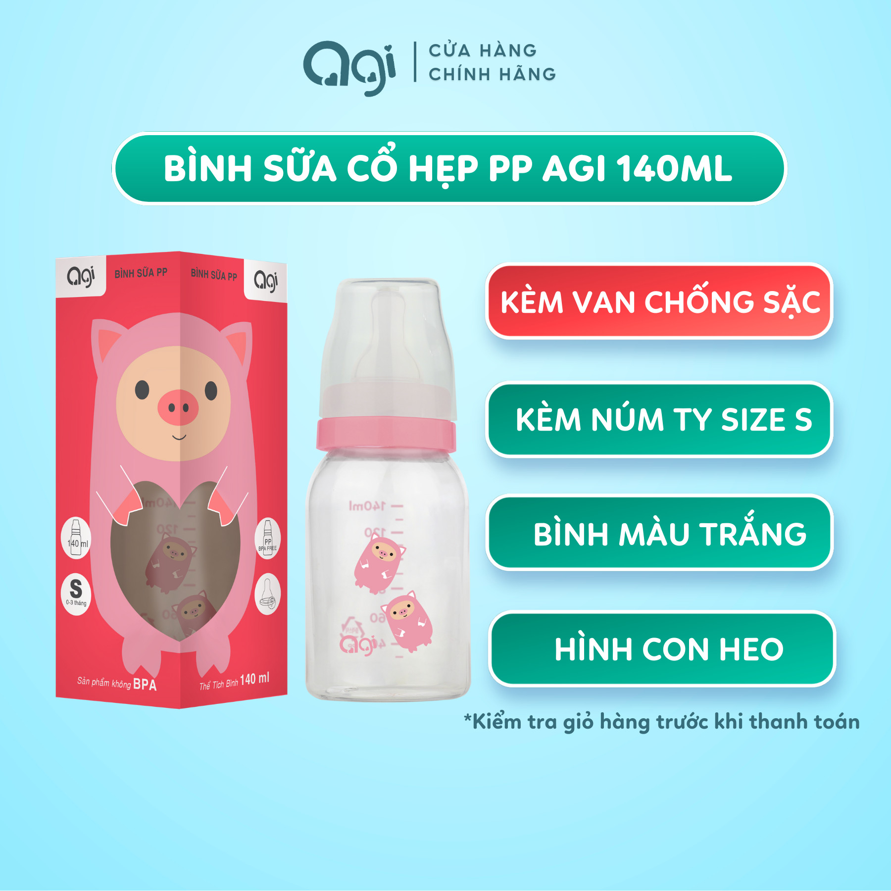 Bình sữa cổ hẹp PP Agi 140ml