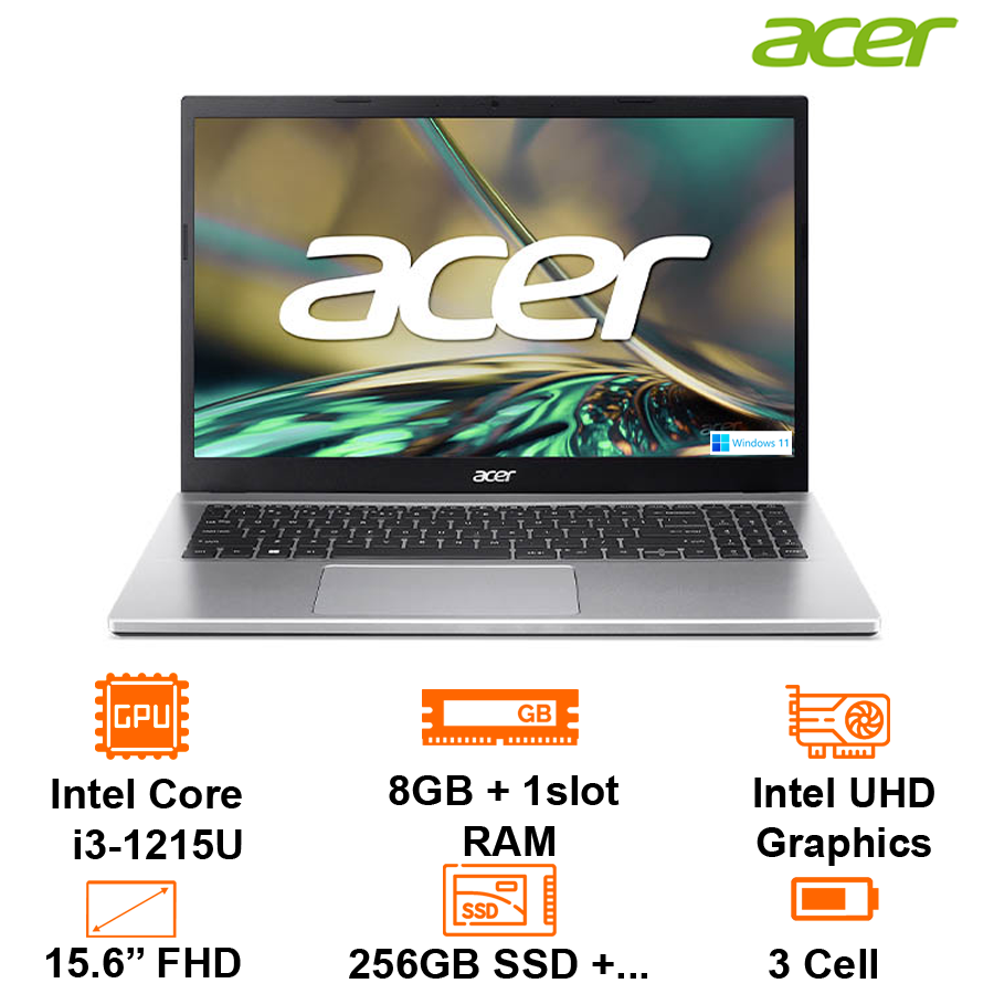 Máy Tính Xách Tay Laptop Acer Aspire 3 A315-59-321N - Bạc - 15.6 FHD; I3-1215U; 8GB + 1slot; 256GB SSD +1 M.2+ 1 HDD; Wifi5+BT4.2; Polyc; Win11H; 1Y - Hàng Chính Hãng
