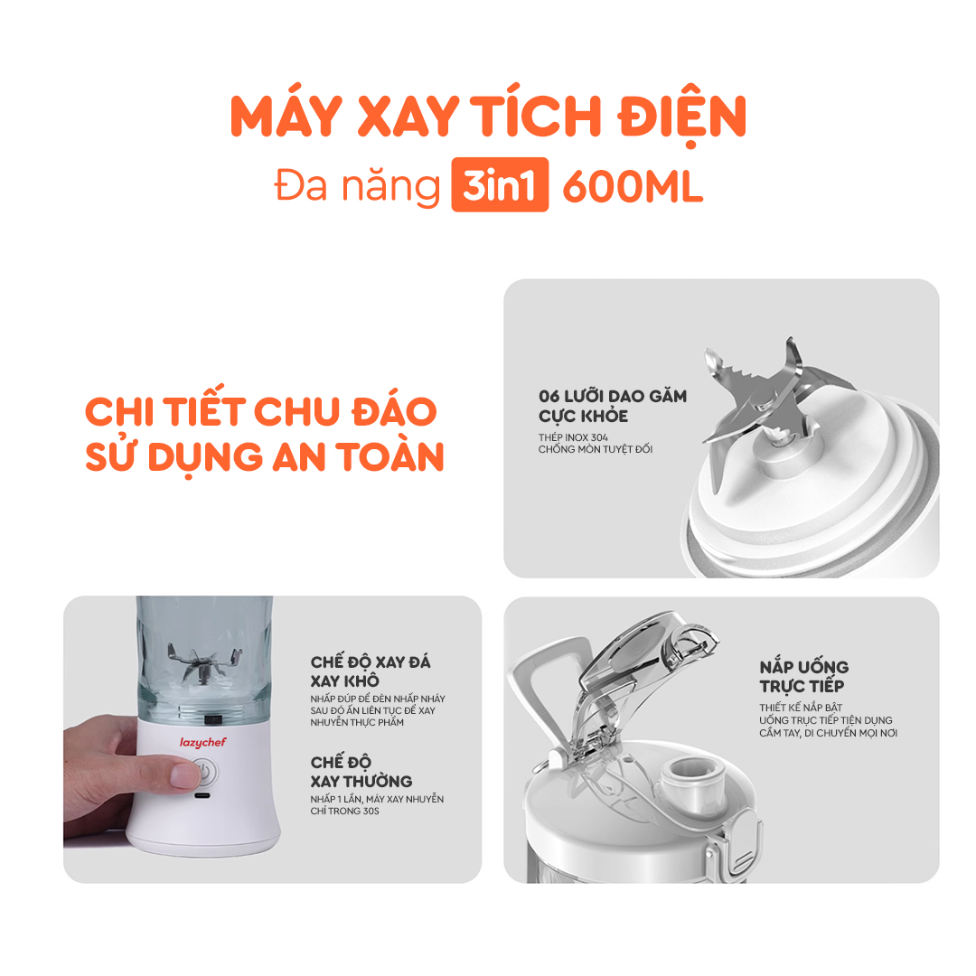 Máy Xay Tích Điện Đa Năng 3IN1 Lazychef - Máy Xay Sinh Tố Kháng Nước IP67, Máy Xay Cầm Tay, Dung Tích 600ml, Hàng Chính Hãng