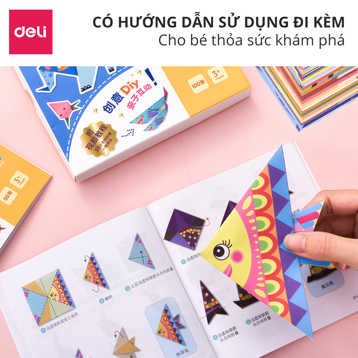 Combo 100 tờ giấy origami thủ công Deli hoạ tiết in sẵn - Kèm hướng dẫn sử dụng - Gấp hạc, hoa, động vật, ô tô, nhà cửa - Giúp các bé thỏa sức sáng tạo - 74817 / 74818