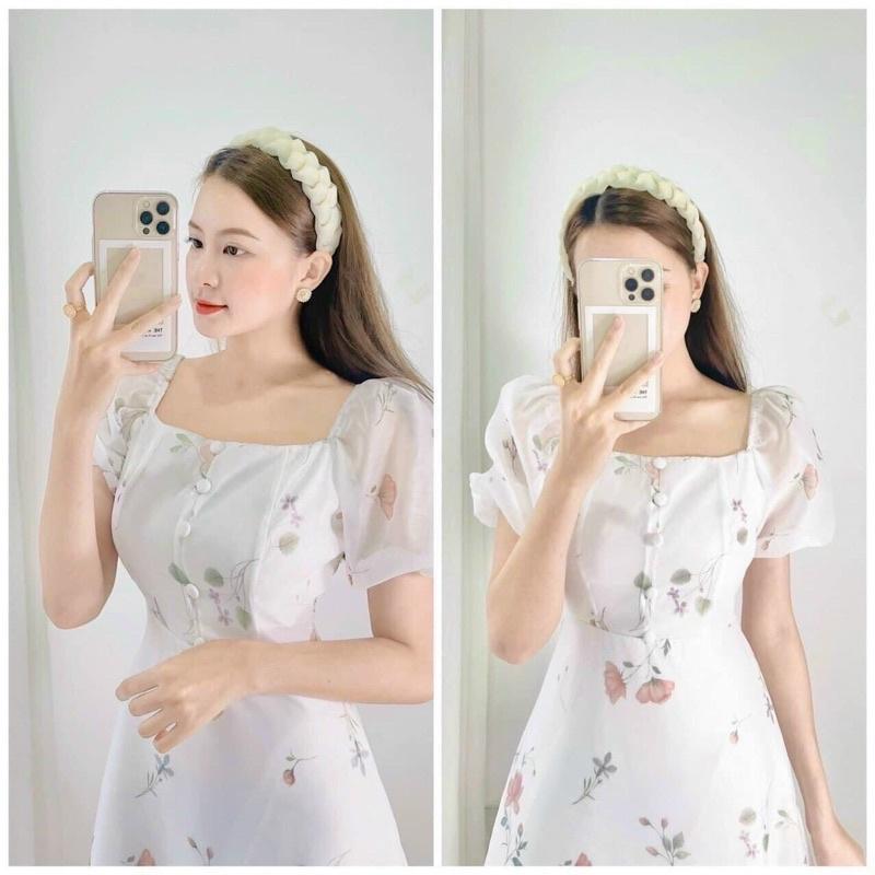 ĐẦM MIDI TRẮNG NÚT BỌC TAY BỒNG