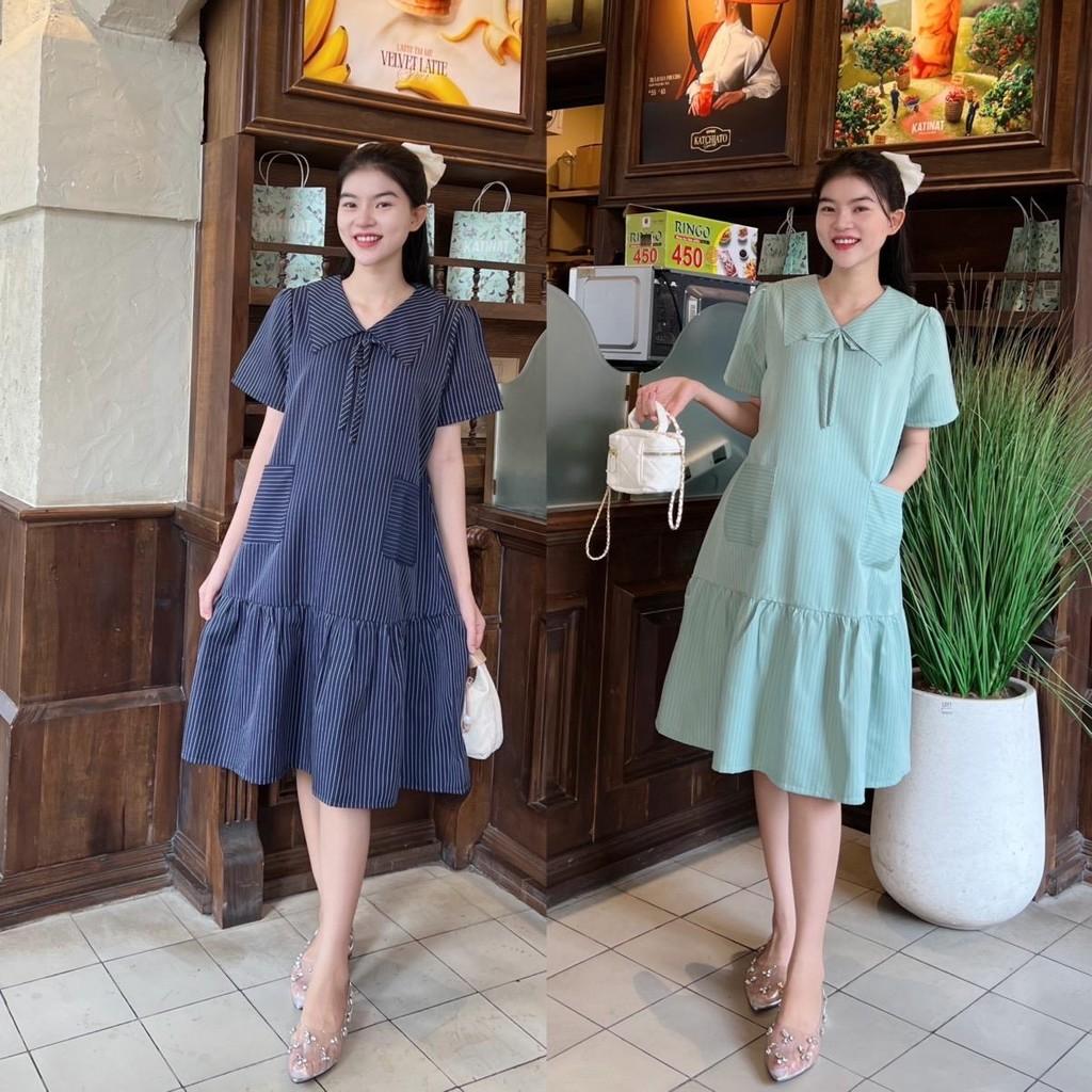 Đầm bầu sọc chỉ phom suông đuôi cá phối túi 2 bên dễ thương - Da