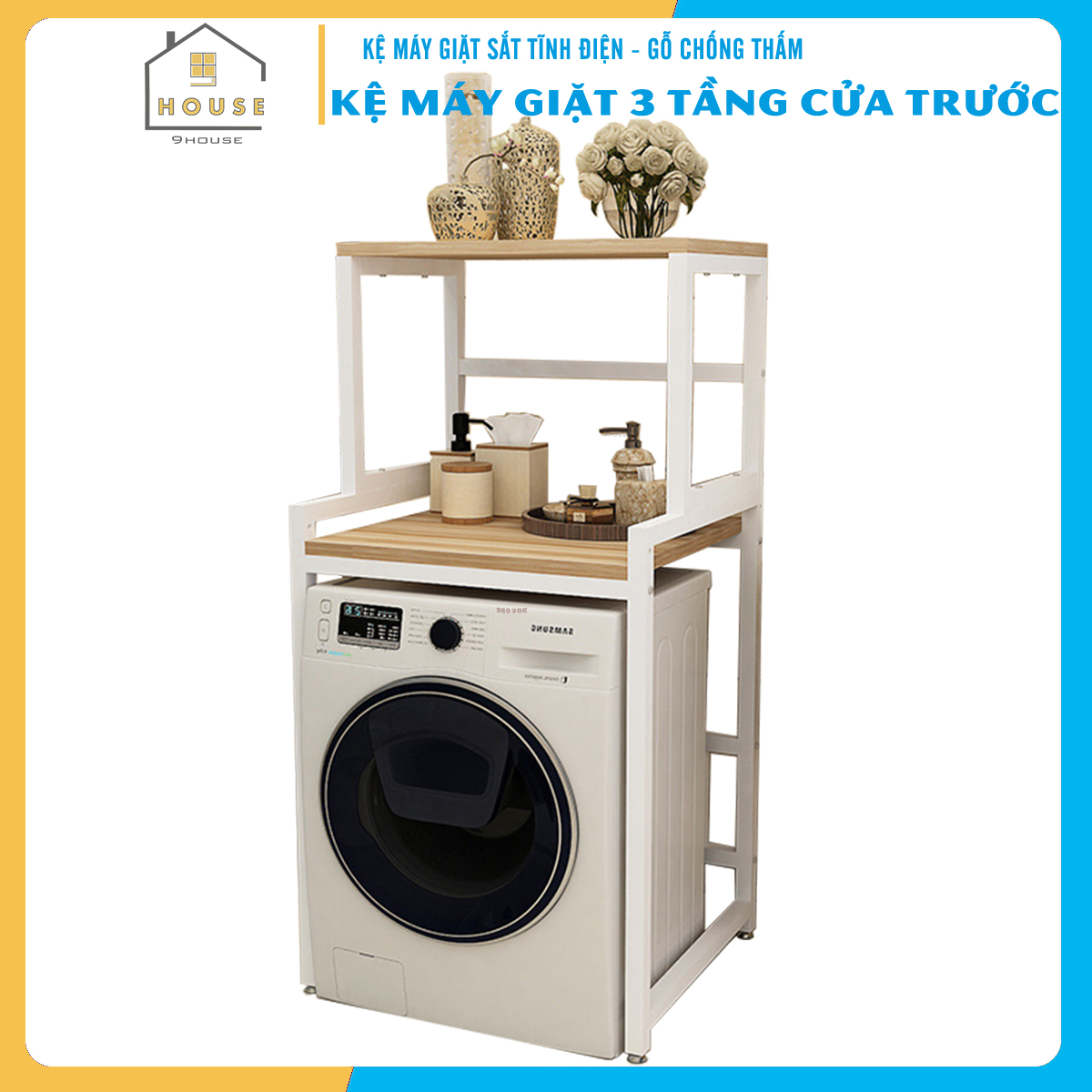 Kệ máy giặt 2 tầng cửa trước KMG03N thương hiệu 9House kệ để đồ trên máy giặt loại khung thép dày dặn sơn tĩnh điện chống bong tróc, gỗ lõi xanh phủ melamine chống nước cực bền, Sản xuất tại Việt Nam - Hàng chính hãng