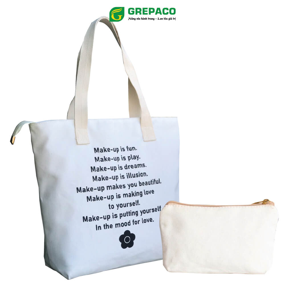 Túi Tote Nữ Grepaco Xách Vải Bố Canvas Cao Cấp In Chữ Đẹp Đeo Chéo Vai Có Khóa Kéo Nhiều Ngăn Dùng Đi Học, Làm Công Sở, Du Lịch Phong Cách Thời Trang Hàn Quốc - Tặng Túi Đựng Mỹ Phẩm