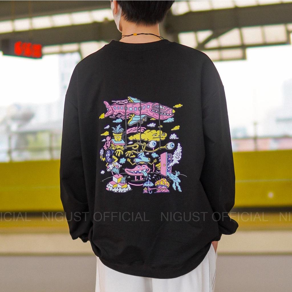 Áo sweater nam nữ local brand NIGUST Head In The Clouds N204 chất liệu nỉ da cá form rộng màu đen trắng Fullbox