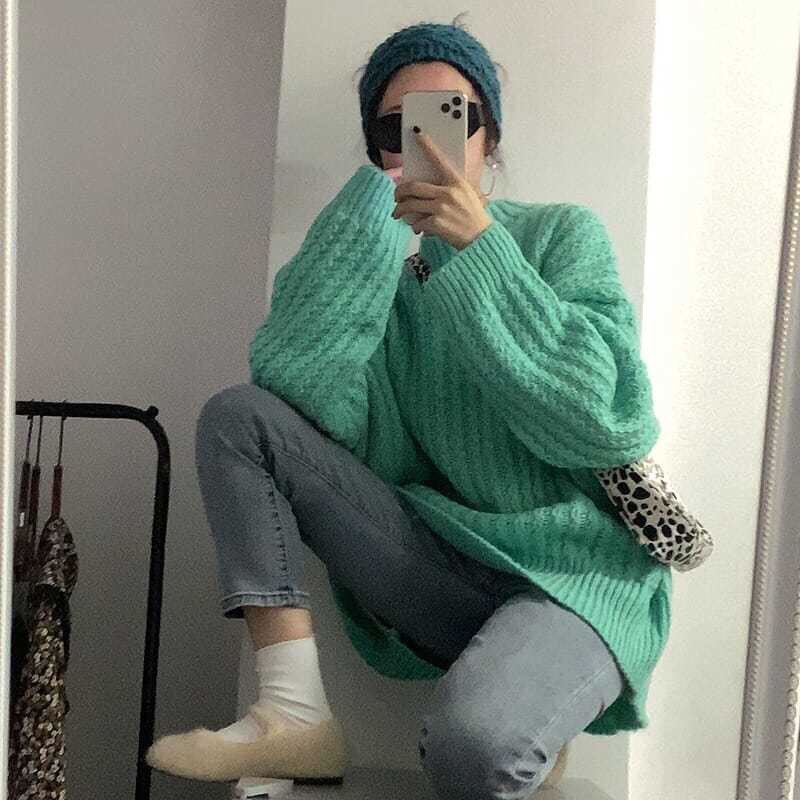 Áo len dáng dài oversize màu xanh mint thời trang Korea