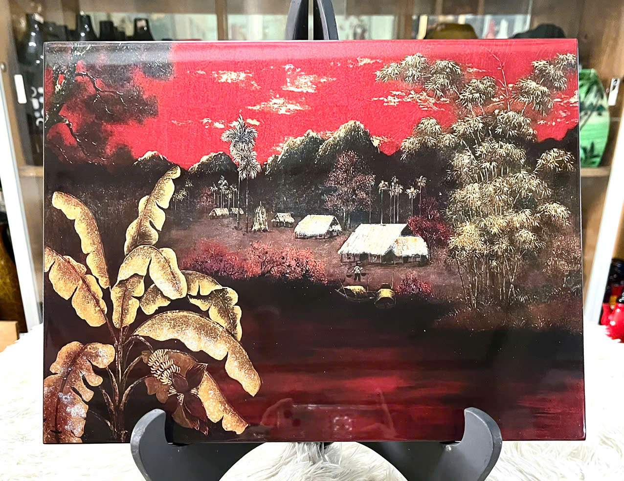 Tranh sơn mài phong cảnh, đồng quê, sông nước nền dát vàng/ bạc, hàng xuất khẩu size 30x40 cm