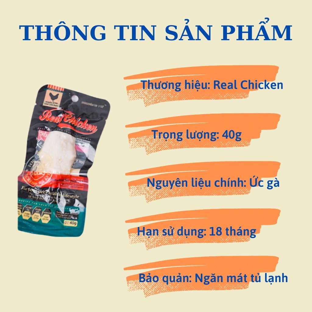 Ức gà hấp ăn liền REAL CHICKEN dinh dưỡng cho chó mèo - gói 40g