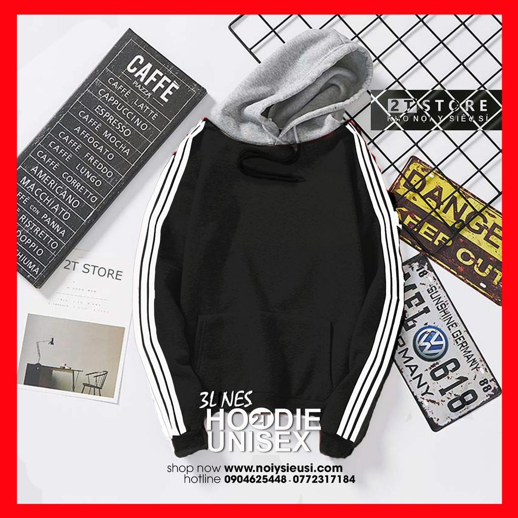 Áo Hoodie 3Lines nón xám unisex 2T Store H3L03 màu đen khoác nỉ chui đầu 3 sọc nón may 2 lớp dày dặn chất lượng