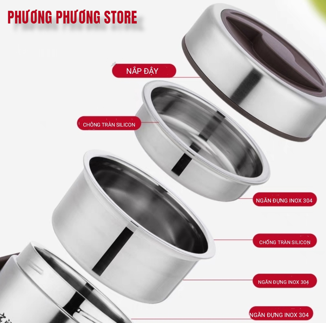 Cặp Lồng cơm, hộp cơm giữ nhiệt văn phòng chất liệu inox 304 cao cấp, cặp lồng cà men 3 tầng, nắp chống tràn, 1,6L / 2.0L