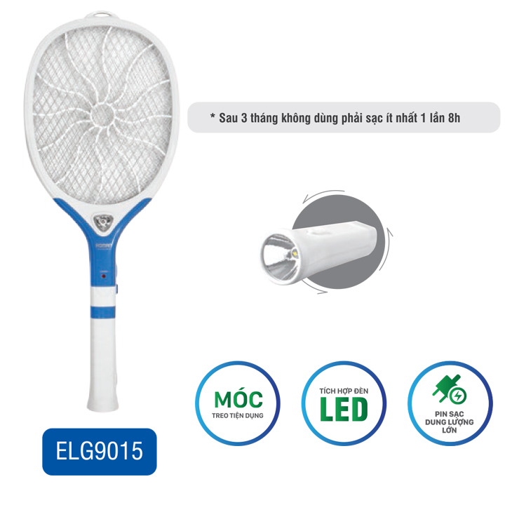 Vợt bắt muỗi Roman ELG9015 tích hợp đèn LED công suất 1W, có móc treo tiện lợi + Pin sạc dung lượng lớn + Chất liệu nhựa cao cấp