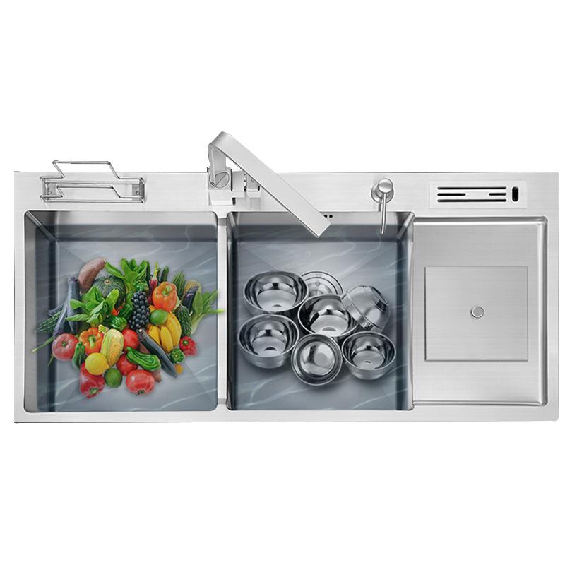 Chậu rửa chén 2 ngăn, màu trắng mờ bằng inox sus 304 kèm kệ dao thớt và hố đựng rác