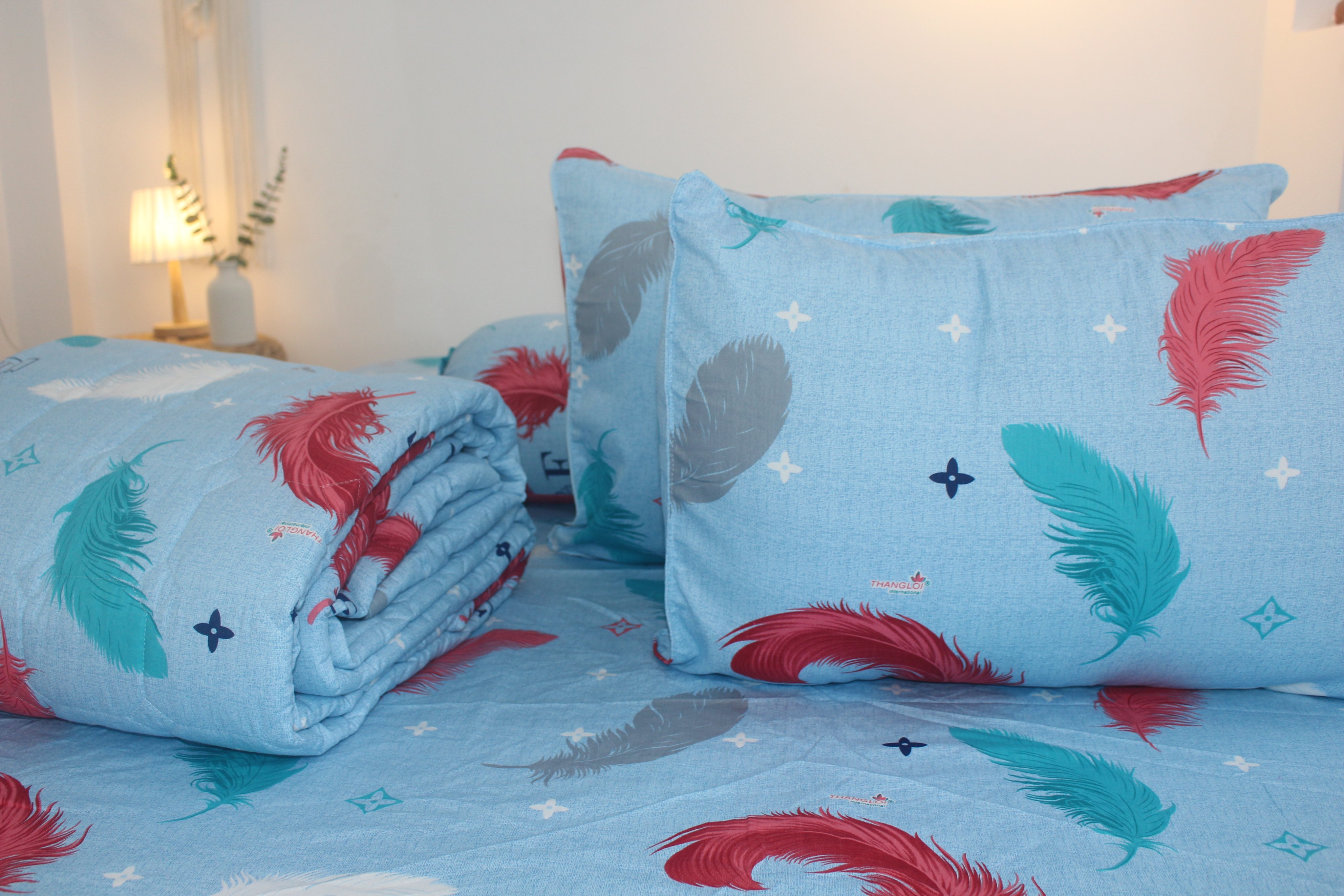 Bộ Drap Gối Cotton - Mẫu Lông Vũ Nền Xanh - vải dày dặn, mát mẻ, siêu thấm mồ hôi