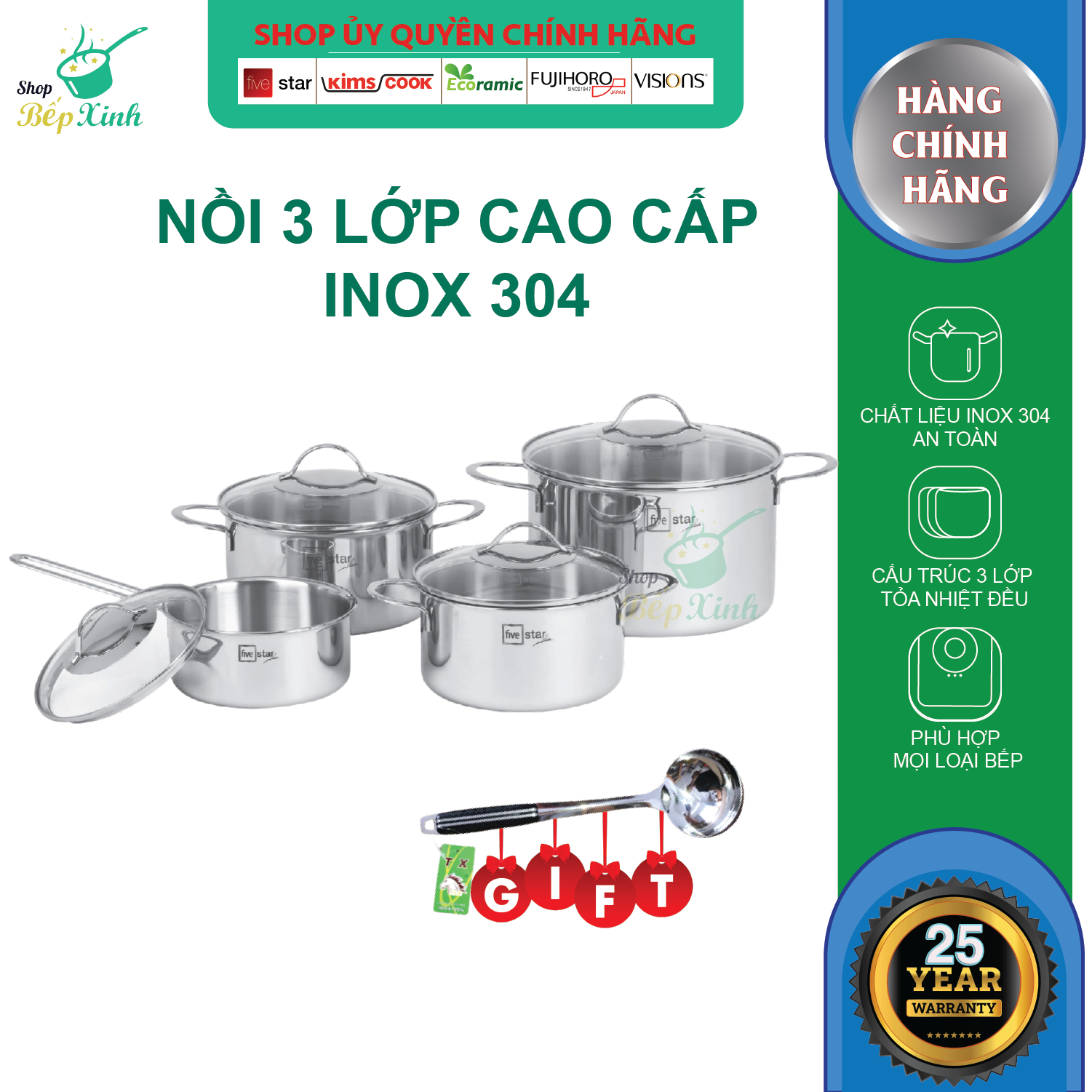 Bộ nồi 3 lớp đáy liền inox 304 Fivestar Plus quai oval nắp kính , tặng 1 vá canh- BỘ NỒI BẾP TỪ CAO CẤP