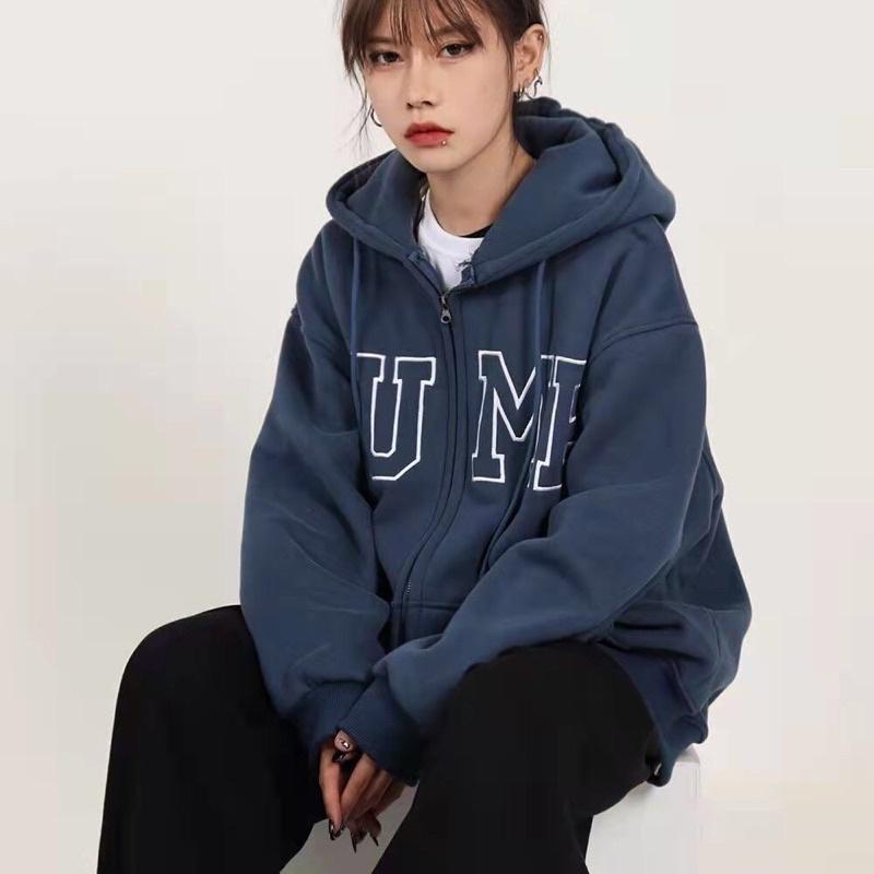 Áo khoác Nỉ Hoodie mũ 2 lớp from rộng tay bồng khóa kéo xanh than, Áo hoodie zip unisex in chữ JUMP .