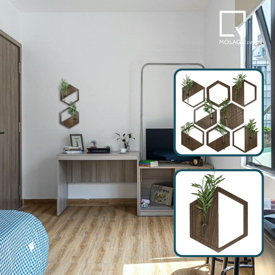 Bộ lục giác gỗ treo tường đồ trang trí phòng lục giác vân gỗ đậm decor treo tường gỗ trang trí Molago - LA-N