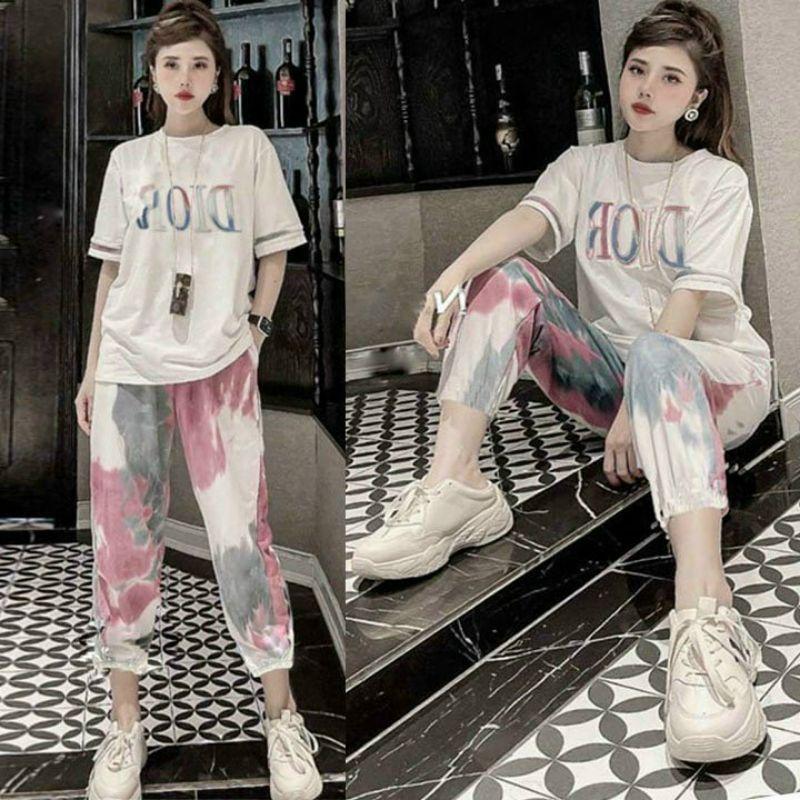 Đồ bộ nữ form rộng phối họa tiết loang thêu logo