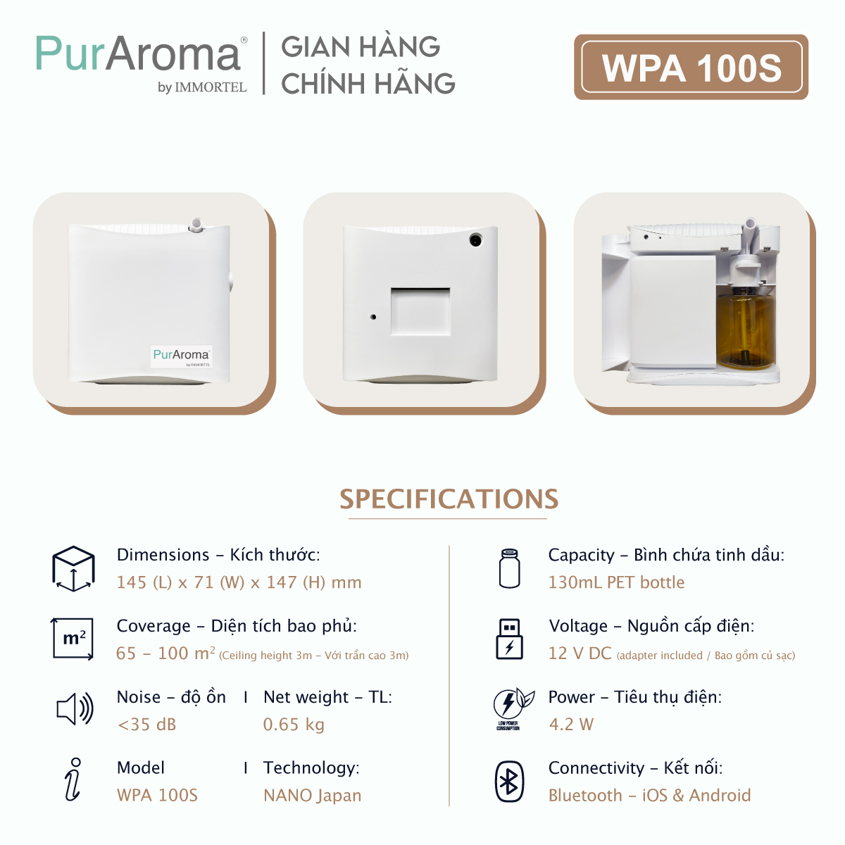 Máy Khuếch Tán Tinh Dầu PurAroma - WPA 100S - Công Nghệ Khuếch Tán Siêu Âm Nhật Bản