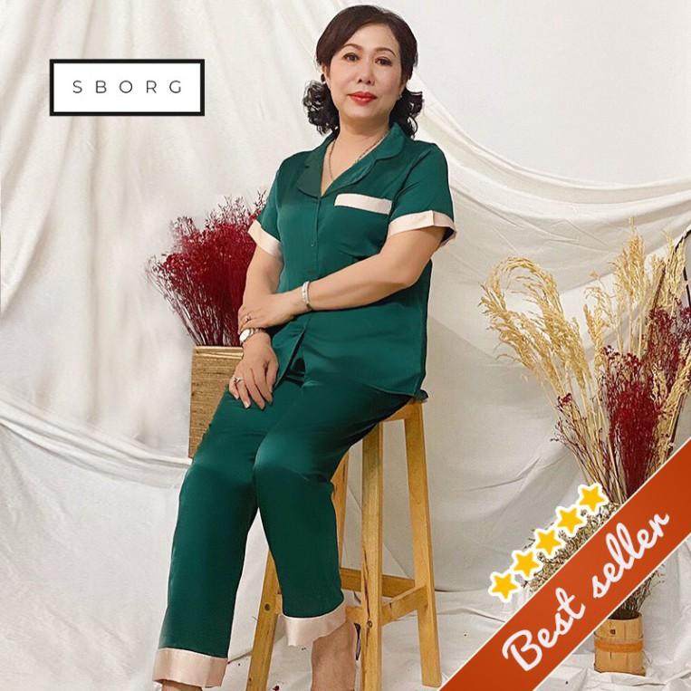 Đồ bộ mặc nhà trung niên SBORG pijama lụa satin phối nẹp sang trọng thoải mai de thương bigsize quà tặng mẹ