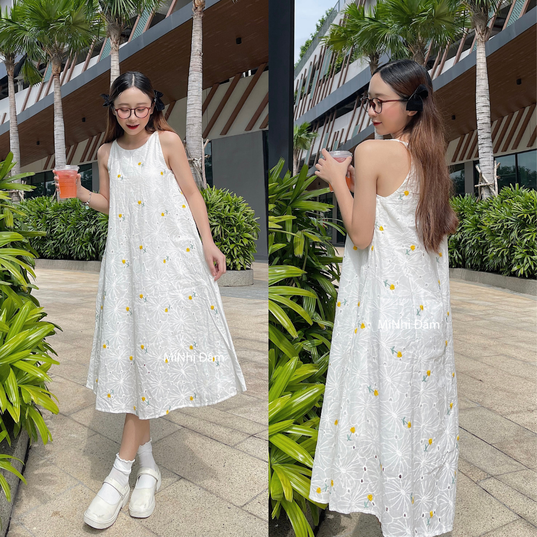 Đầm yếm dáng suông form rộng, Váy 2 dây màu trắng Cao Cấp kate thêu hoa nhí, sát nách cổ tròn MiNhi Đầm