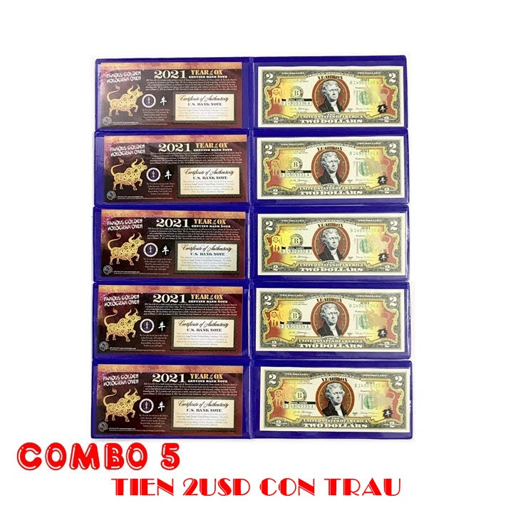 Combo 5 tờ 2 USD hình con Trâu mạ nhũ vàng 2021, dùng để sưu tầm, lưu niệm, làm tiền lì xì độc lạ, may mắn, ý nghĩa - TMT Collection - SP005111