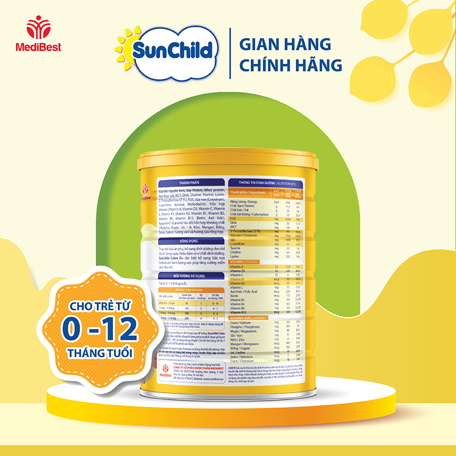 Sữa bột SunChild Colos 0+ Tăng cường miễn dịch và hỗ trợ tiêu hóa cho trẻ sơ sinh