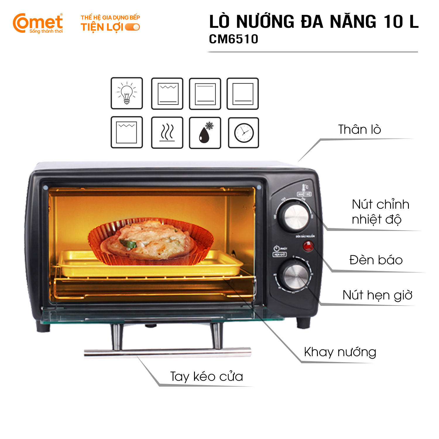 Lò nướng điện Comet CM6510 10L – Công suất 1000W, đa chức năng, nhỏ gọn, hàng chính hãng