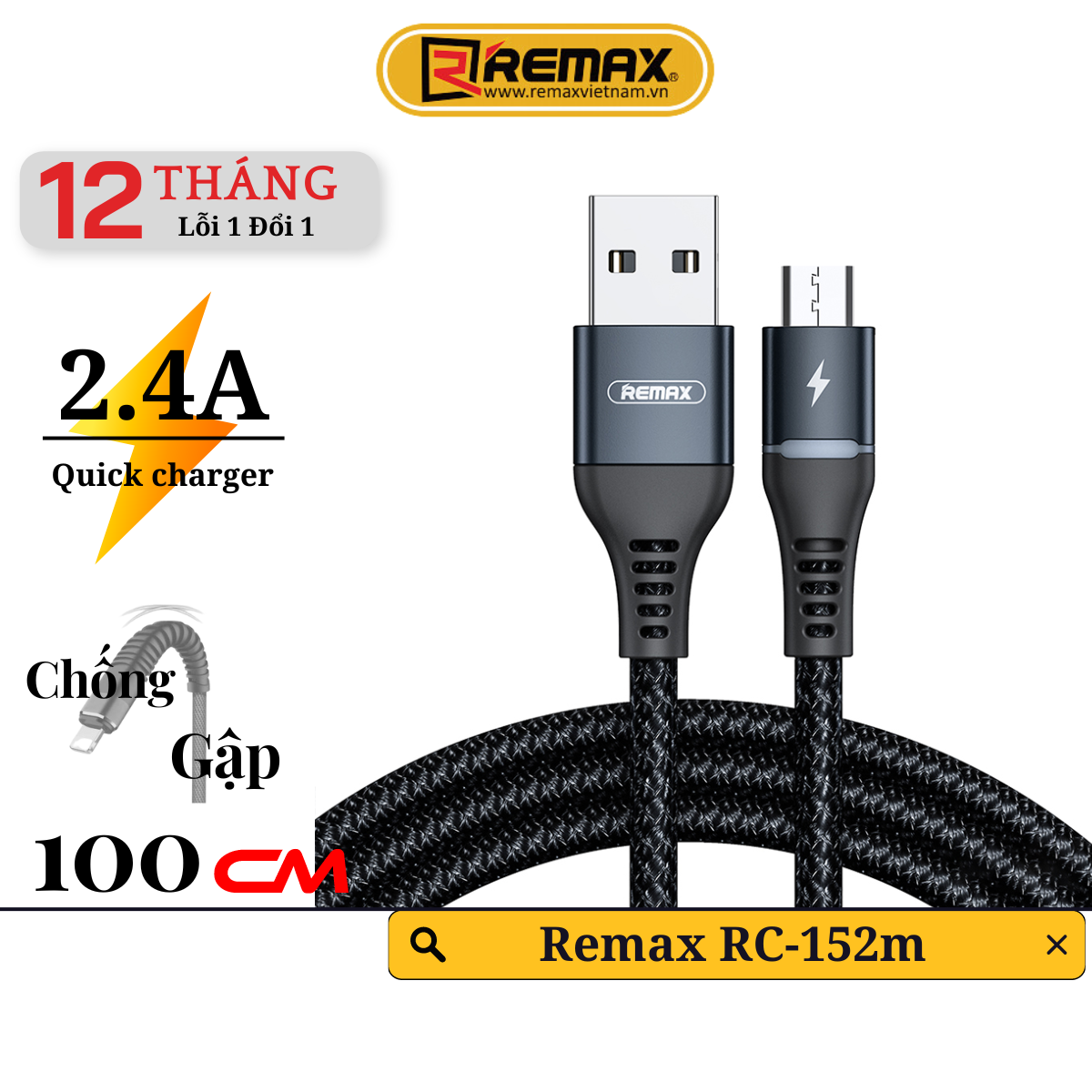 Cáp sạc nhanh và truyền dữ liệu Remax -152m cổng Micro USB 2.4A - Hàng Chính Hãng Remax