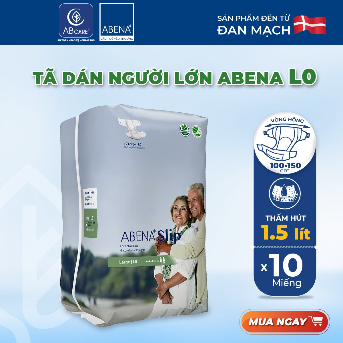 Tã dán người lớn, người già, sau sinh Abena Slip gói 10 miếng Nhập khẩu Đan Mạch