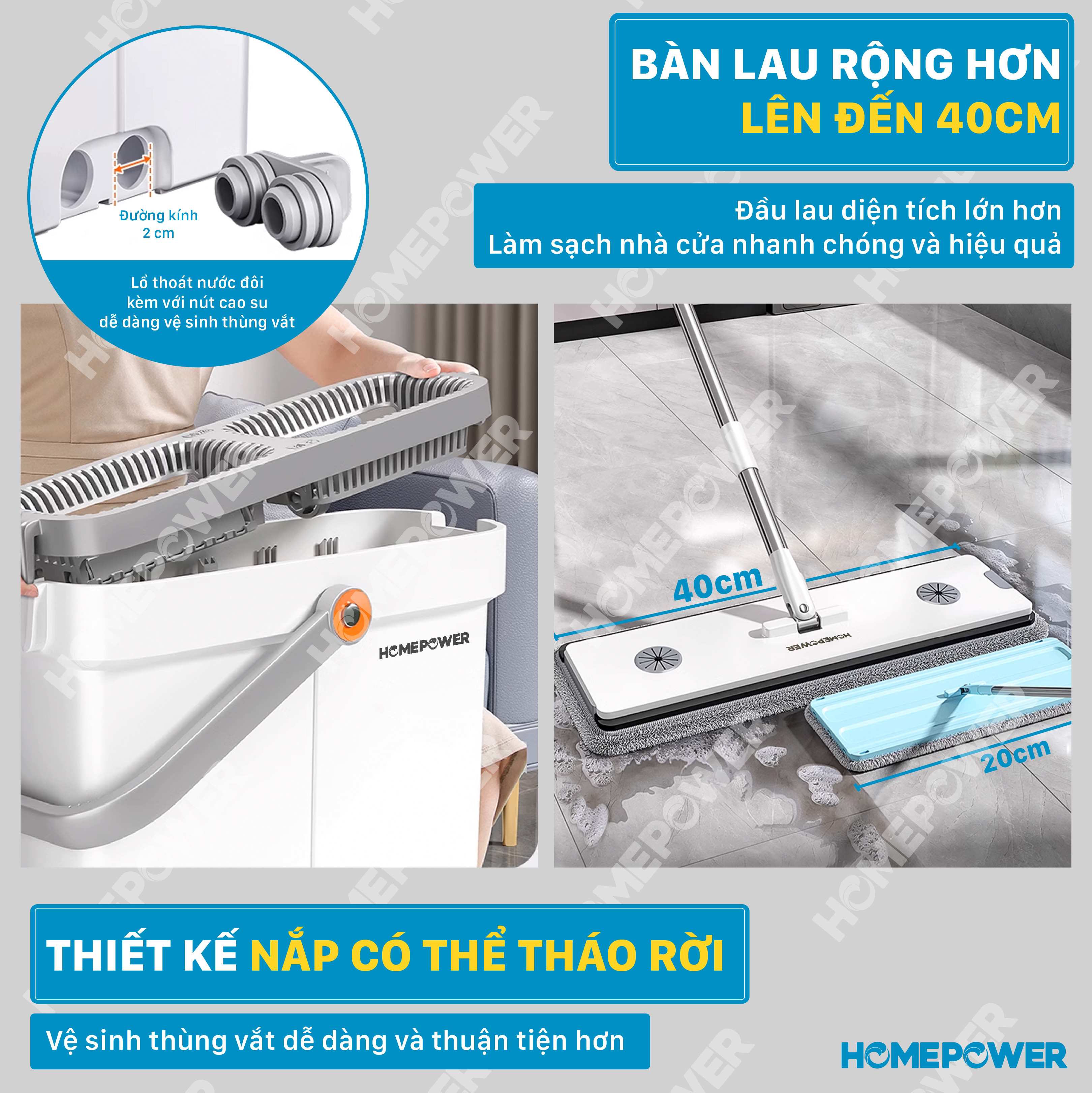 Cây Lau Nhà Tự Vắt Homepower BS-03, Bộ Chổi Lau Nhà Space Saving, 4 Hệ Thống Làm Sạch Mới Gạt Rác, Vắt Khô, Vắt Siêu Khô