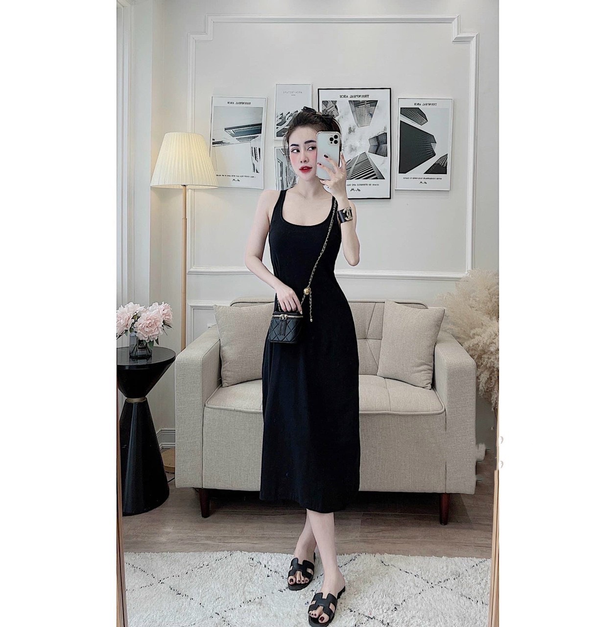 Đầm suông nữ thiết kế ba lỗ cổ tròn dáng xoè nhẹ vintage trẻ trung, Váy maxi nữ sát nách dáng dài đi biển