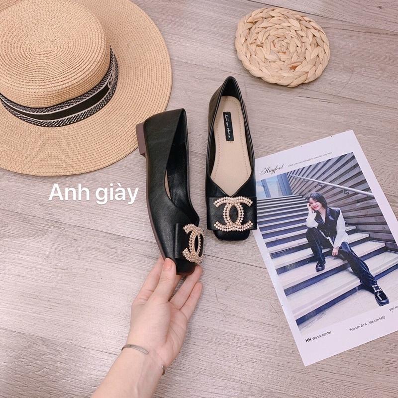 GB47 - Giày bệt mũi vuông da lì nơ đá chữ X đế mềm, dẻo