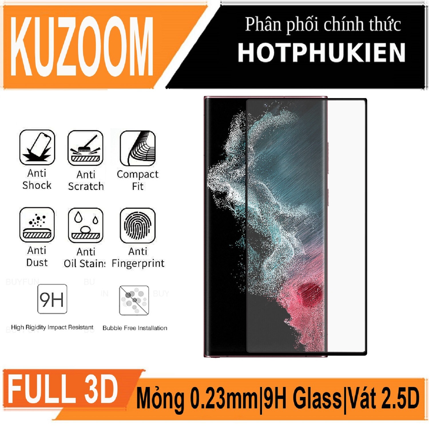 Miếng dán kính cường lực 3D cho Samsung Galaxy S22 / Galaxy S22 Ultra / Galaxy S22 Plus / Galaxy S22+ hiệu Kuzoom Protective Glass - mỏng 0.3mm, vát cạnh 2.5D, độ cứng 9H, viền cứng mỏng - Hàng nhập khẩu