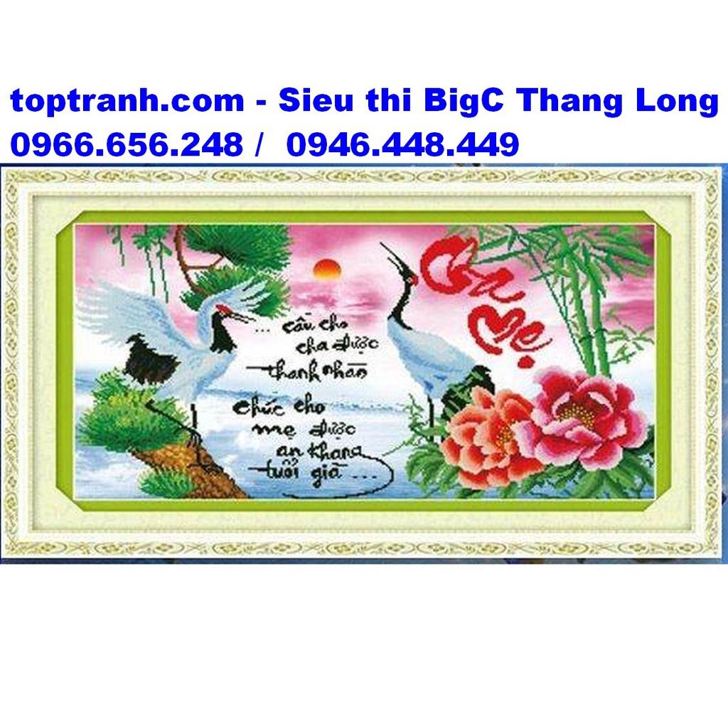 Tranh thêu chữ thập chữ cha mẹ có hạc và mẫu đơn đỏ 222805 chưa thêu