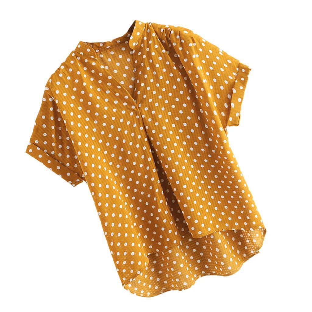 Womens Plus Size Polka Dot Short Sleeve Stand Collar V Neck Flare T-Shirt Yellow