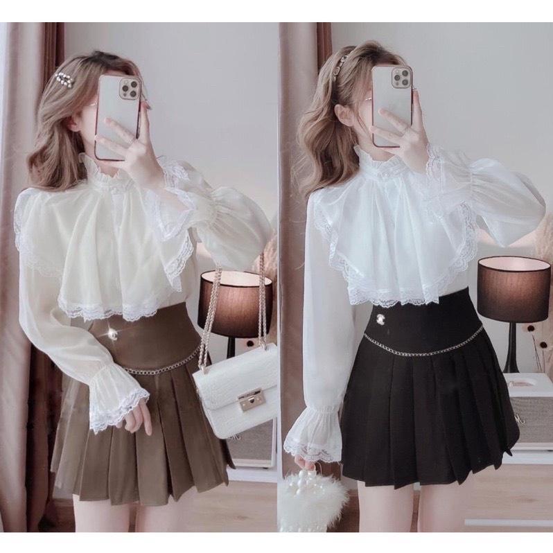 Áo sơ mi kiểu nữ cổ bèo phối ren 2 lớp bánh bèo sang chảnh