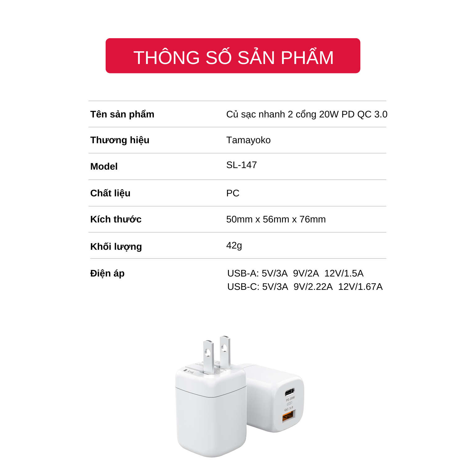 Củ Sạc Nhanh 20W 2 Cổng Power Delivery Quick Charge QC 3.0. Chứng Nhận CE/FCC/ROSH - Hàng Chính Hãng Tamayoko