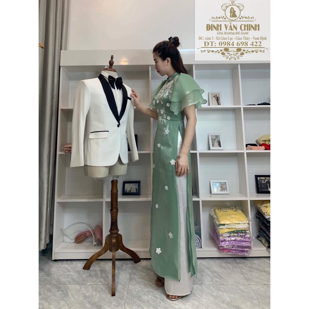 Tơ Organza lót lụa hoa nổi tay bồng thiết kế
