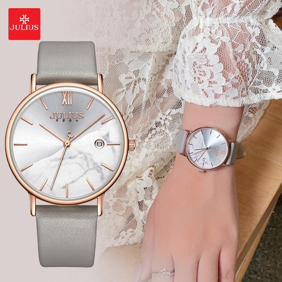Đồng Hồ Nữ Chính Hãng Julius Cao Cấp Dây Da Mặt Tròn Chống Nước Kính Khoáng Đường Kính 36mm JA-1312A