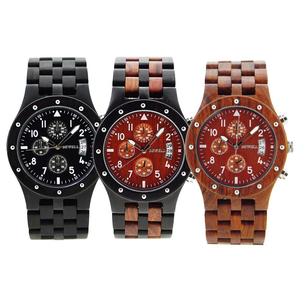 Bewell Sub-dials Wooden Watch Quartz Analog Movement Date Wristwatch