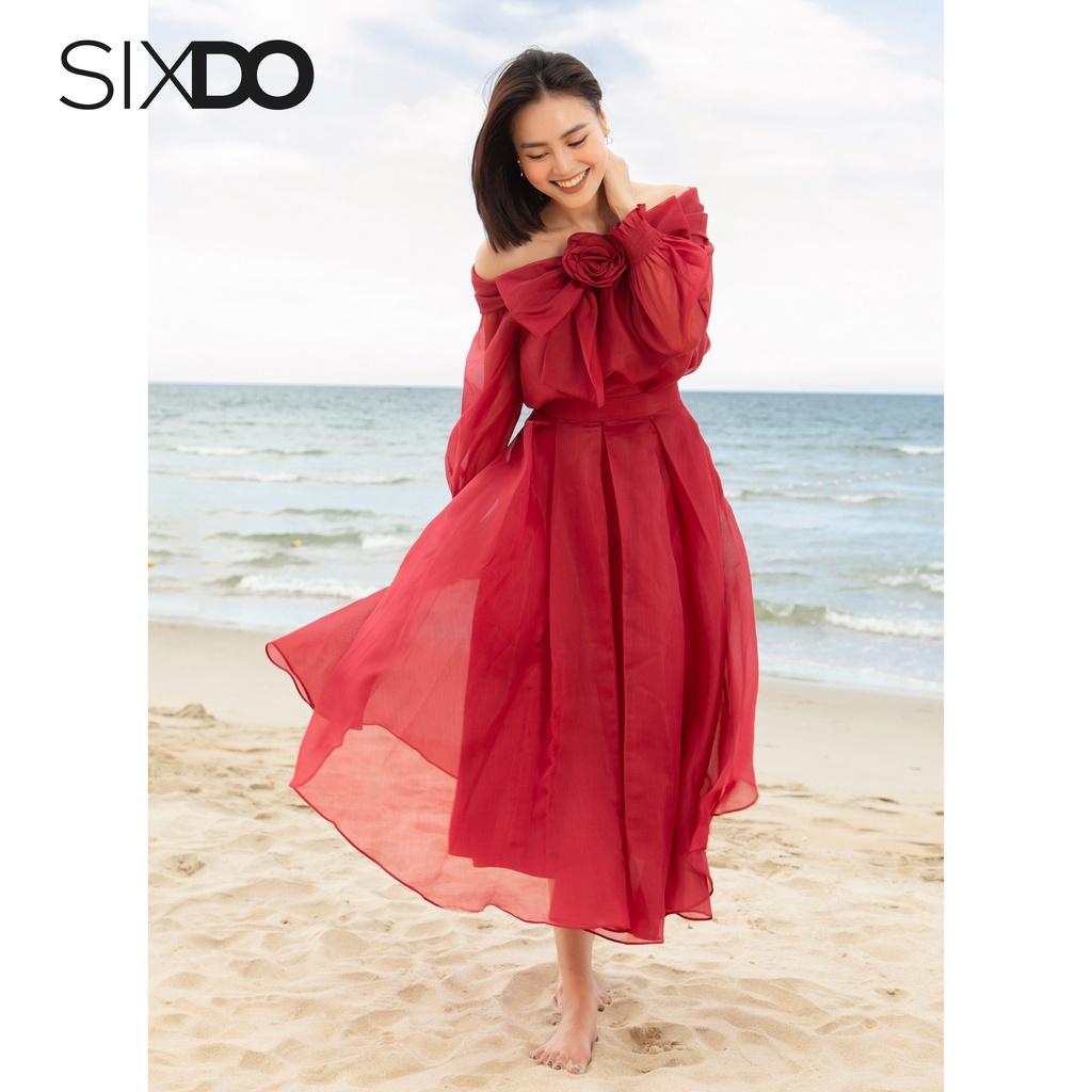 Chân váy đỏ tơ oganza xếp ly to SIXDO