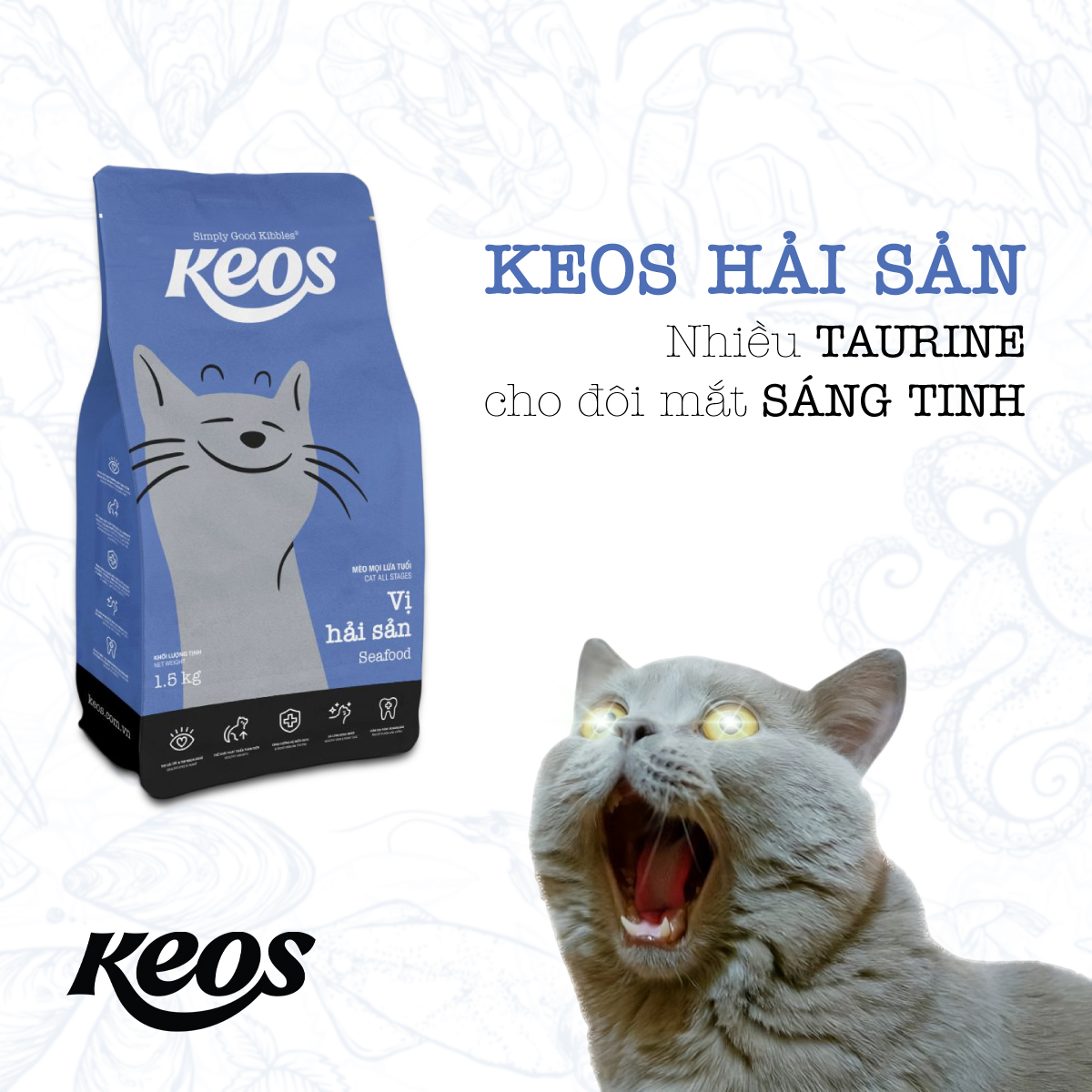 9KG Thức ăn cho mèo Keos Seafood - Vị hải sản - Thức ăn hạt cho mèo