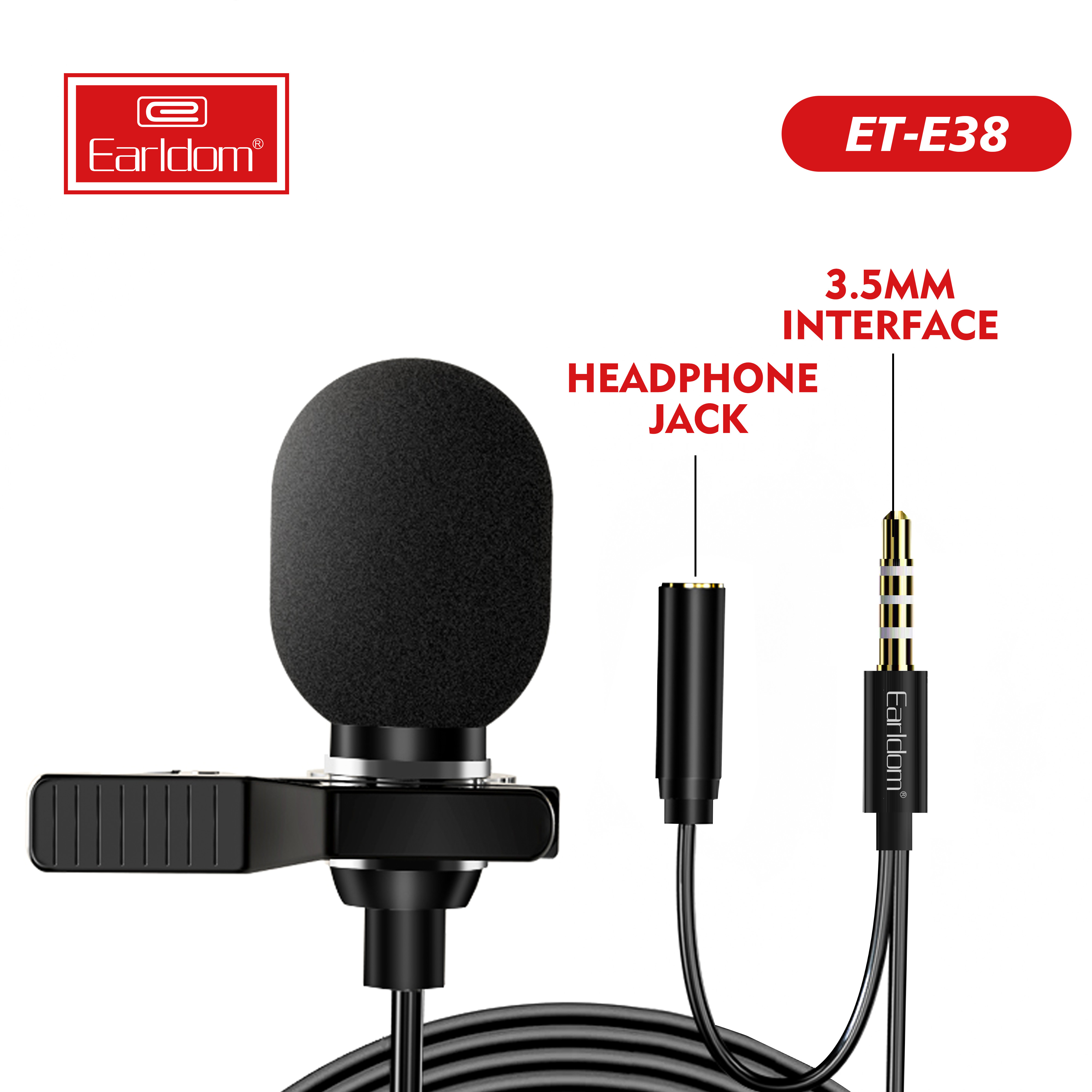 Mic Thu Âm Chân 3.5mm Dành Cho Điện Thoại, Máy Quay, Máy Trợ Giảng Earldom E38 Kèm Jack Tai Nghe 3.5mm - Hàng Chính Hãng