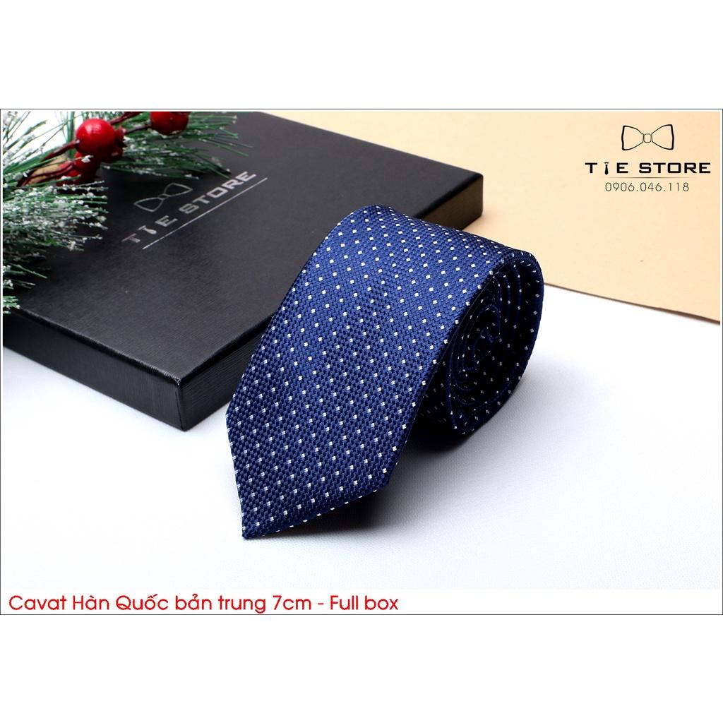 Cà Vạt Nam Bản Trung 7Cm xanh chấm trắng - Cavat Hàn Quốc Cao Cấp Full box