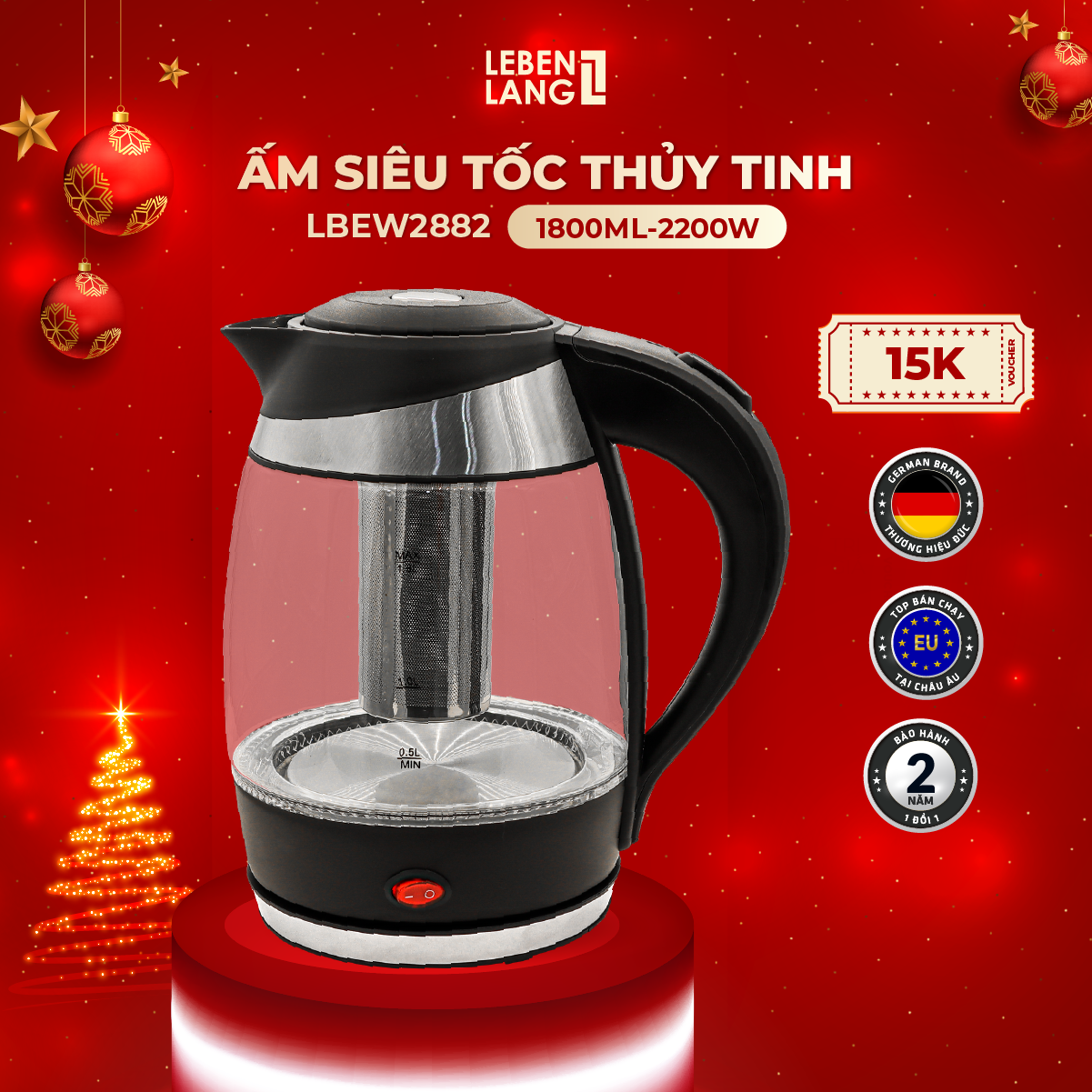 Ấm siêu tốc 1.8 lít bình siêu tốc thủy tinh LEBENLANG LBEW2882 từ Đức giữ ấm, gồm lõi lọc trà bằng inox bảo hành 2 năm - hàng chính hãng